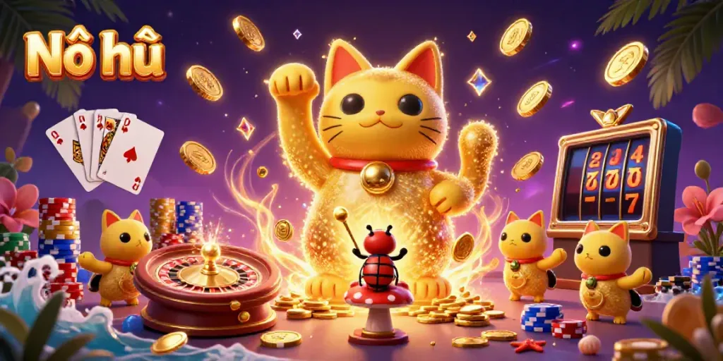 Nổ hũ celebrates winning interactions with a lucky cat and golden fireflies, surrounded by casino symbols.