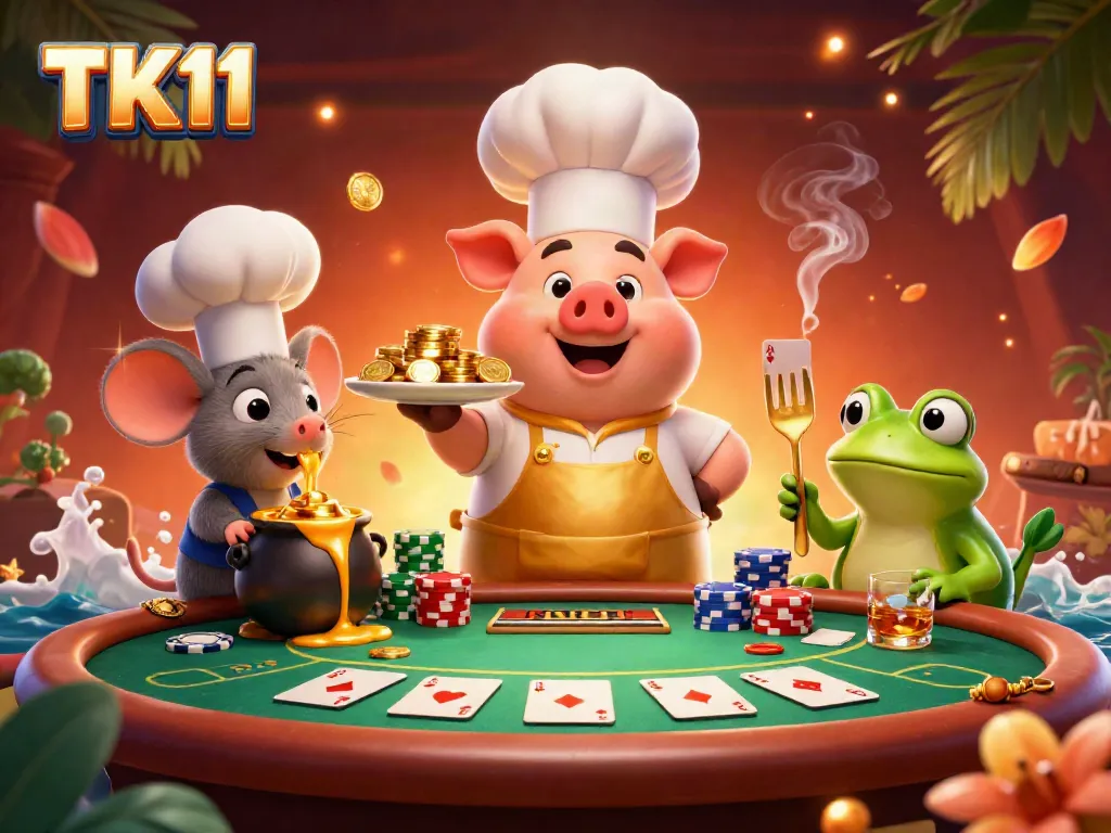 Engage in thrilling gaming fun with TK11, featuring a vibrant culinary casino scene.