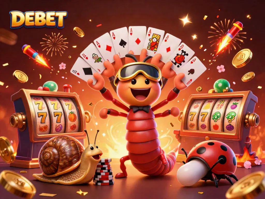 Experience DEBET gameplay with a lively casino scene featuring animated characters and vibrant slot elements.