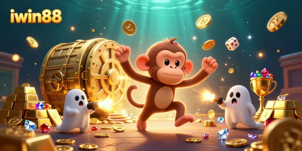Experience excitement at iwin88 with a playful poltergeist juggling treasures in a luxurious casino setting.