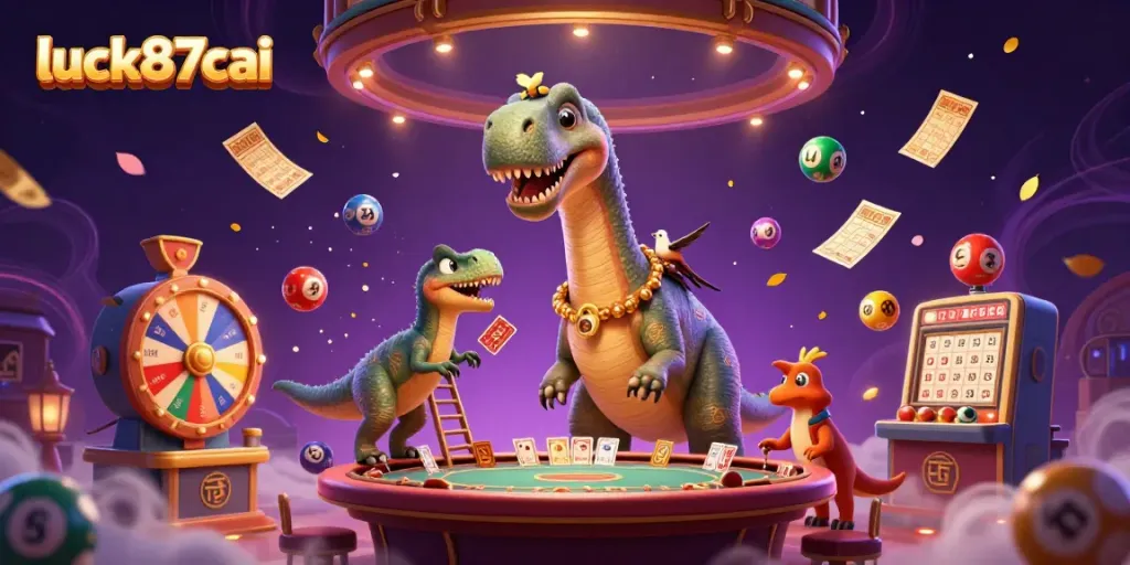 Engage with luck87cai's vibrant casino scene featuring a brontosaurus and raptor dealer.