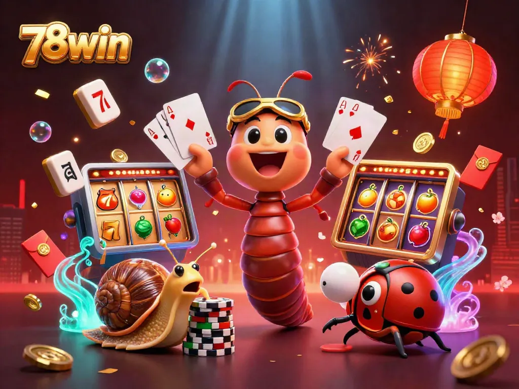 Engage with the vibrant game elements at 78win, featuring a millipede dealer amidst slot reels and high-stakes action.