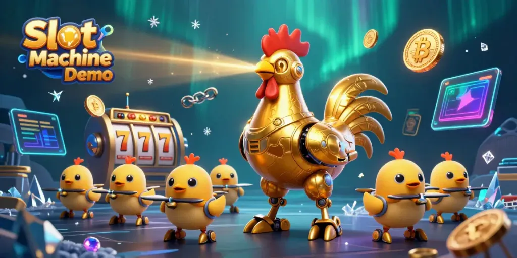 Experience Slot Machine Demo with a whimsical 3D illustration featuring a golden robot rooster and baby chick drones.