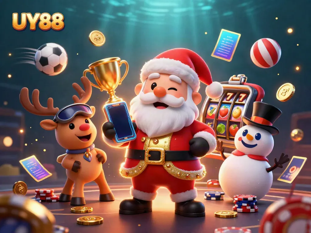Experience thrilling slots and sports betting with UY88 in this vibrant 3D casino illustration.