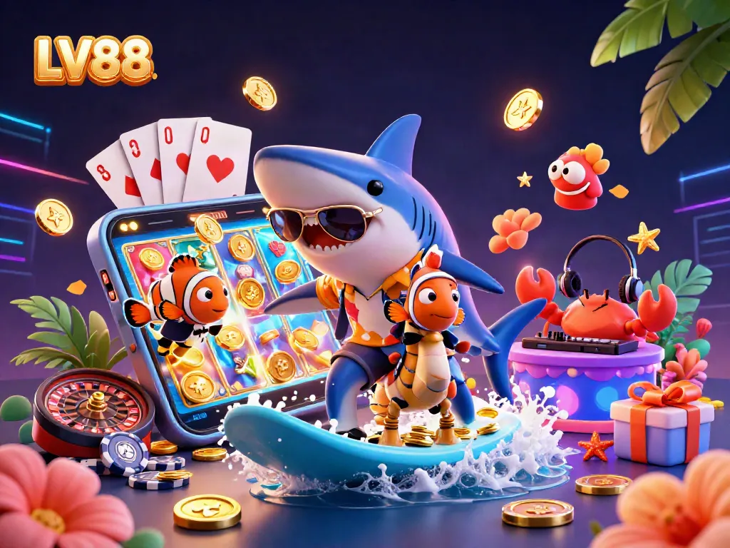 Experience excitement at LV88 with a playful shark, clownfish, and crab DJ amidst dazzling casino elements!