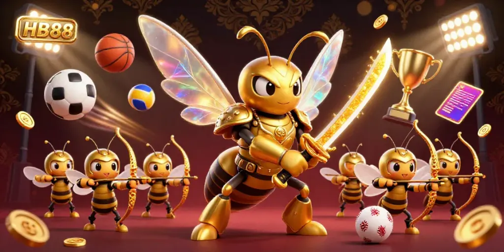 Engage with HB88's energizing gaming atmosphere showcasing a samurai hornet amidst dynamic sports elements.