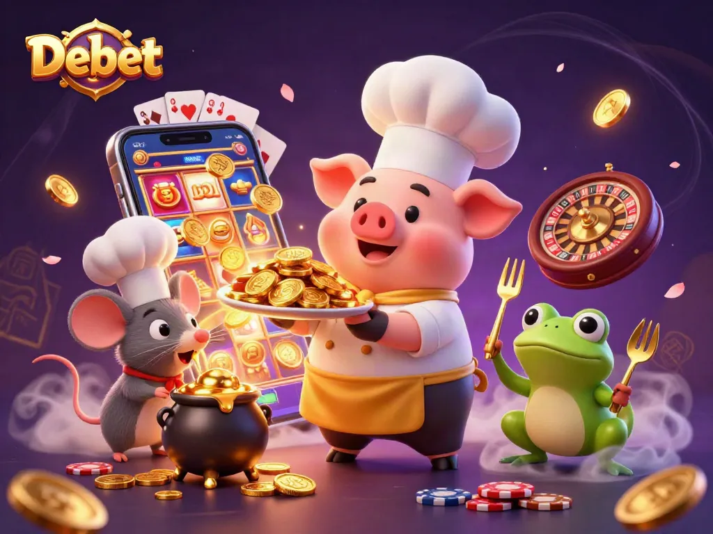 Bet on Debet as the chef pig presents golden coins, surrounded by vibrant gaming elements.