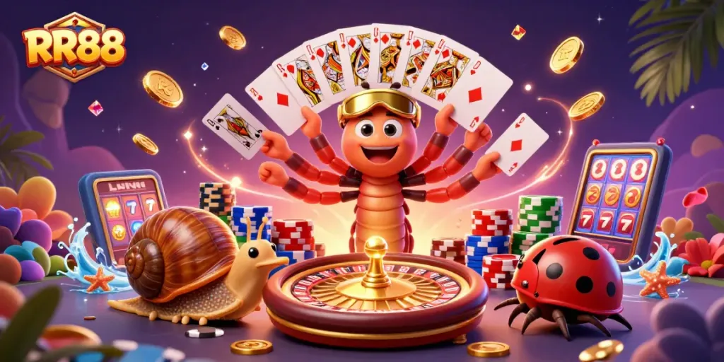 RR88 showcases a vibrant casino scene with a millipede dealer, high-roller snail, and exciting gaming elements.