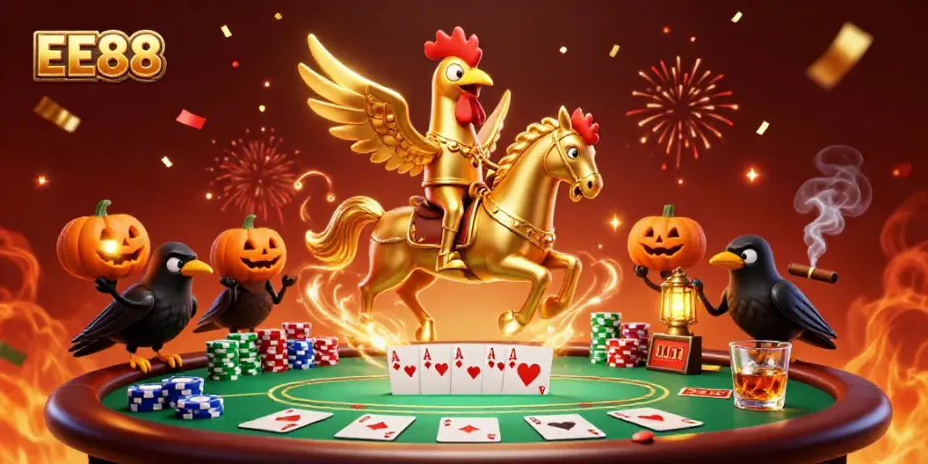 Experience EE88's magical casino atmosphere featuring a golden rooster and spooky companions.