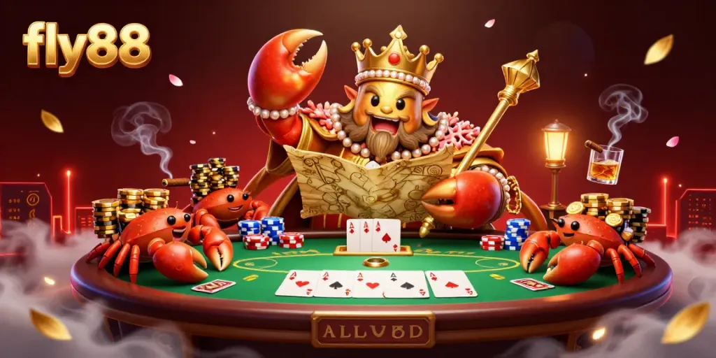 Experience the excitement of fly88 casino with a vibrant illustration featuring a golden crab emperor in a dynamic poker setting.