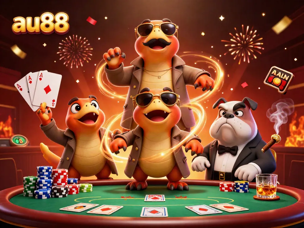 Raptors in a trench coat attempting to enter the au88 casino with a bulldog bouncer, showcasing vibrant casino elements.