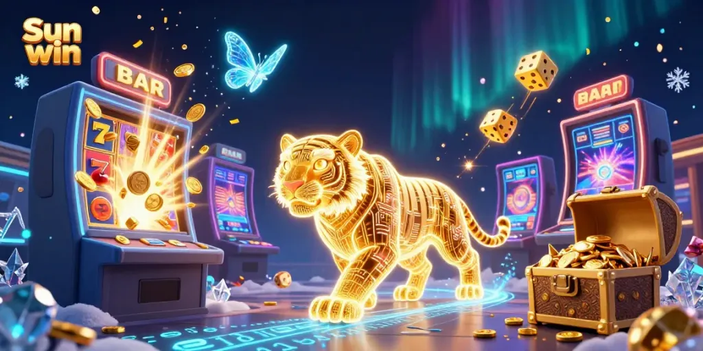 Experience the thrilling action of Sun win with a neon golden tiger in an energetic casino scene.