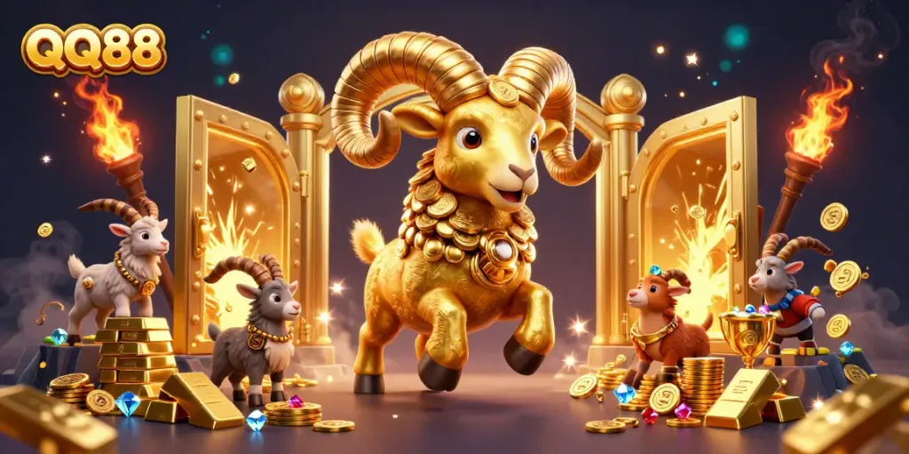 Engage in thrilling opportunities at QQ88 with a massive golden ram charging through a treasure vault, symbolizing prosperity.