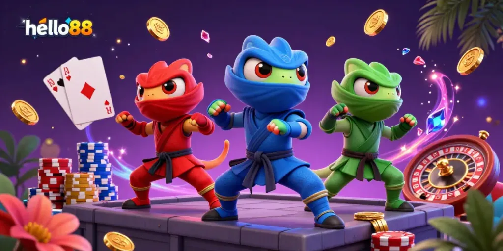Experience thrilling action with hello88 as chameleon ninjas celebrate victories in a vibrant 3D casino scene.