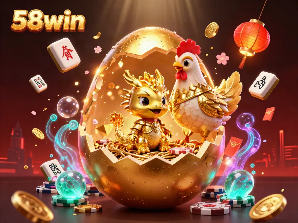 Experience thrilling gameplay at 58win with the stunning golden dragon and poker chips illustration.