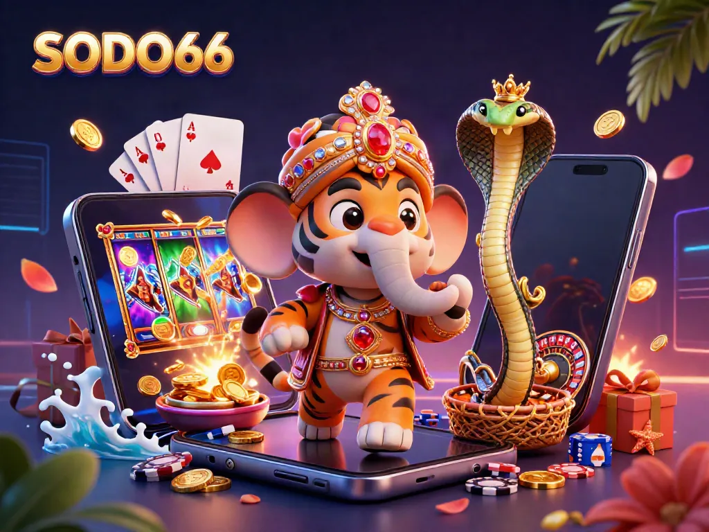 Experience the excitement of SODO66 with a vibrant 3D illustration featuring a maharaja tiger, an elephant, and dynamic casino elements.