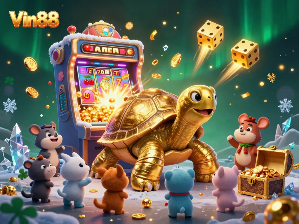 Experience Vin88's exciting casino world with a vibrant 3D scene featuring a golden tortoise and jackpot elements.