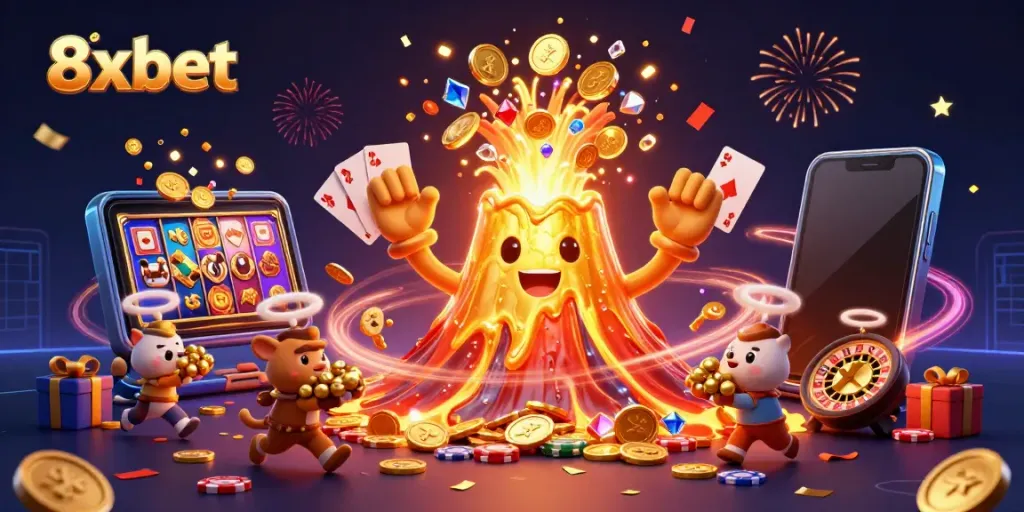 Experience excitement with 8xbet as golden coins and treasures erupt from a magical volcano.
