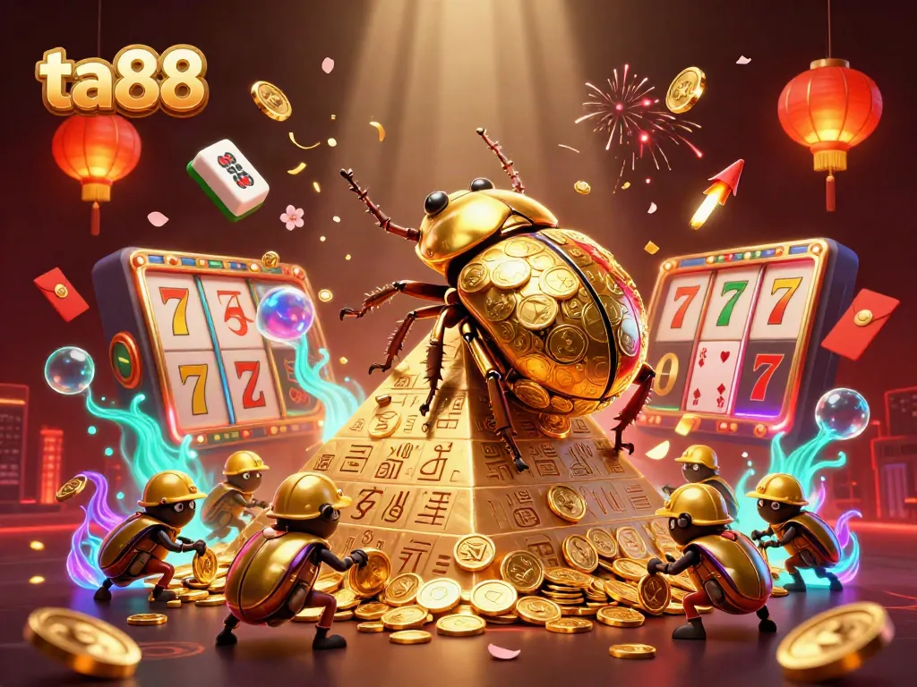 Engage with ta88 gaming excitement through golden beetles rolling coins up a casino pyramid.