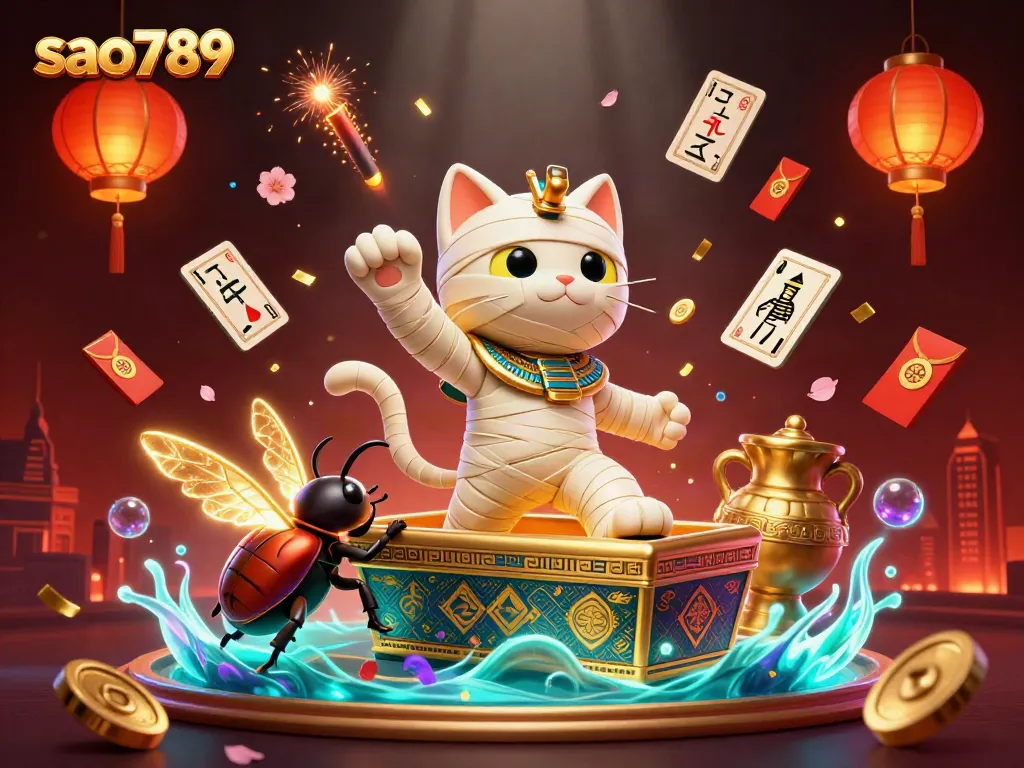 Sao789 showcases an Egyptian mummy cat amidst a vibrant casino scene, gaming elements surround it.