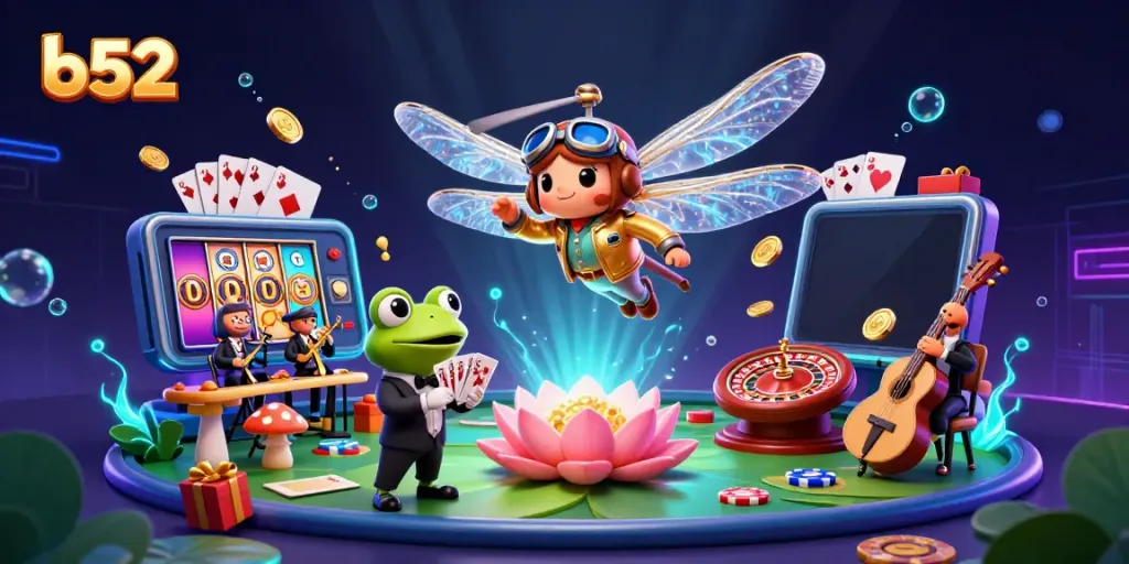 Engage in thrilling gameplay with b52-themed 3D casino art featuring vibrant characters and dynamic game elements.