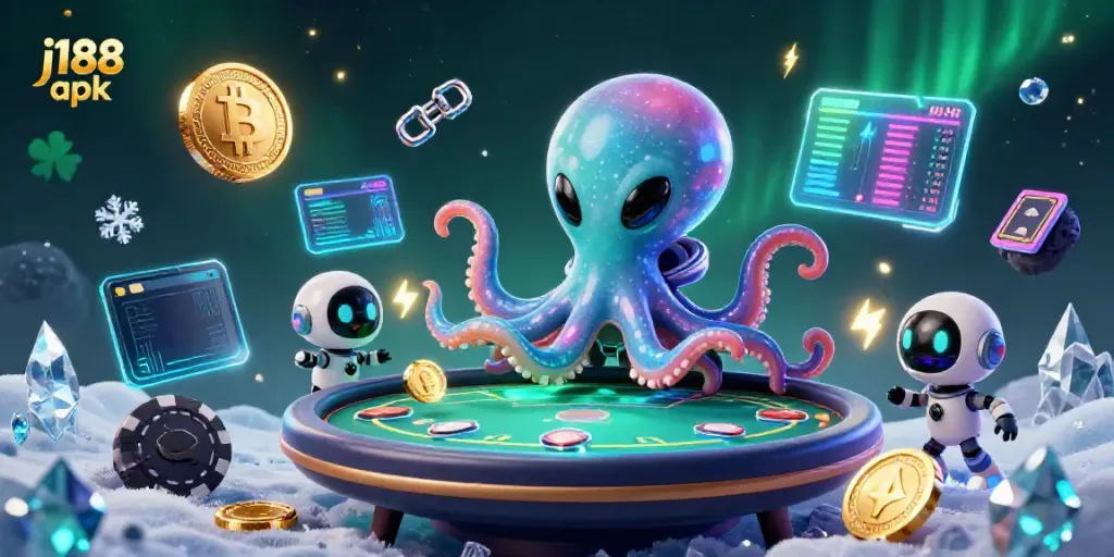 Engage with j188 apk through a vibrant alien casino scene featuring a colorful octopus dealer and exciting gaming elements.