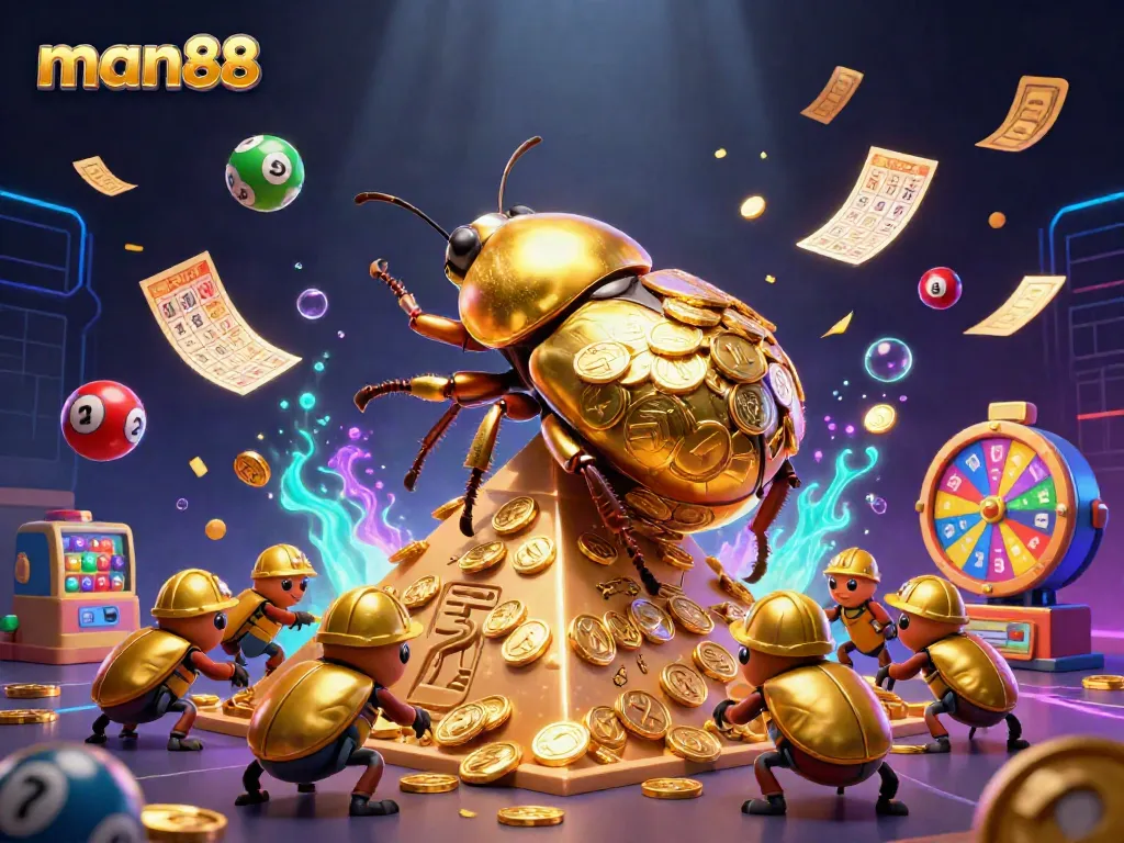 Experience the excitement of man88 with a golden beetle and casino-themed elements in this vibrant illustration.