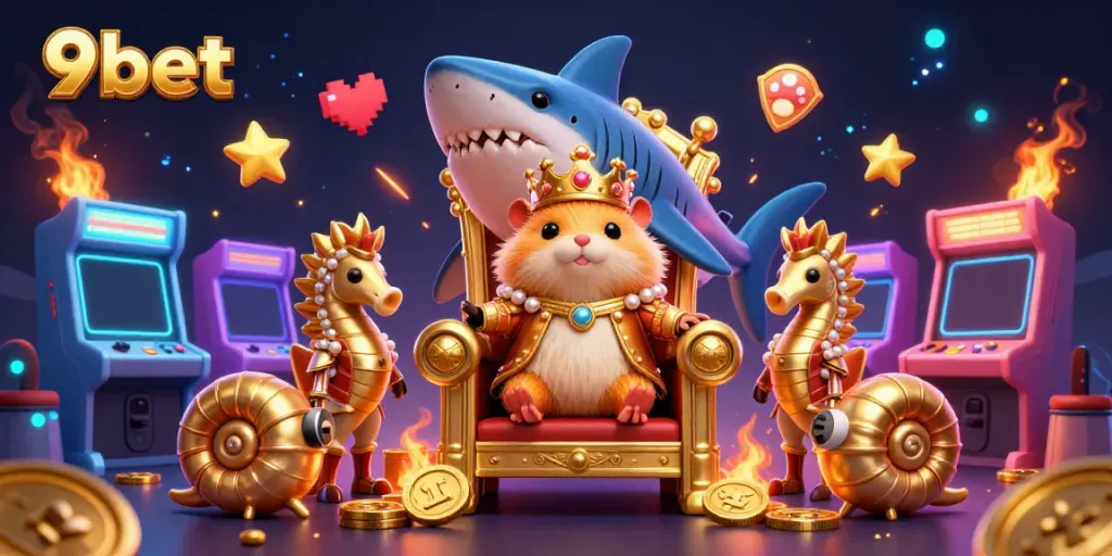 9bet captures an exciting gaming experience with a golden hamster king and vibrant casino elements.