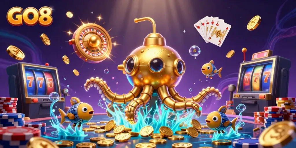Experience the excitement of GO8 with a dynamic golden kraken surfacing amidst a sea of coins and casino elements.
