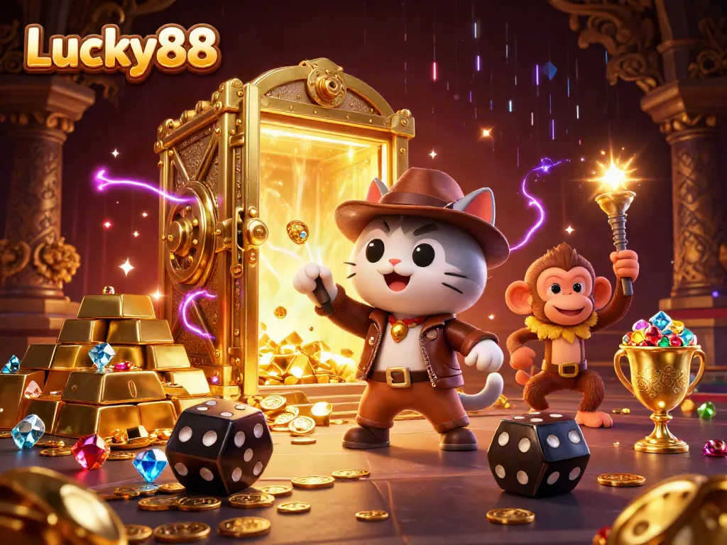 Experience thrilling adventures with Lucky88 as you discover treasures in a dynamic 3D casino scene.