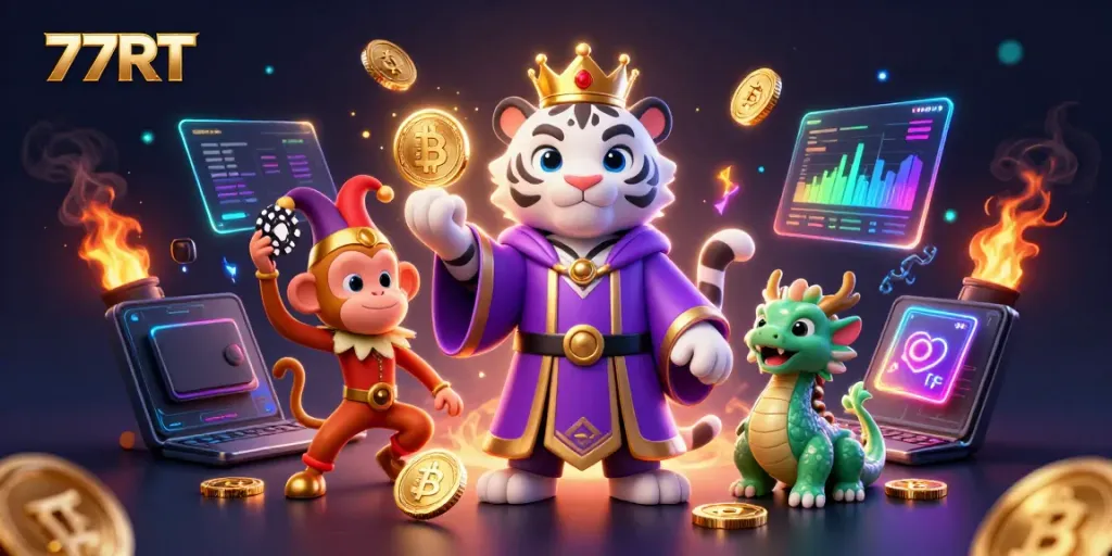 Experience thrilling gameplay with 77RT, featuring dynamic characters, vibrant casino elements, and exciting gold coins.
