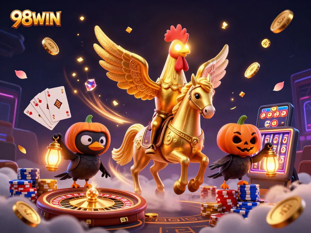 Engage in exciting games at 98WIN with a golden rooster character leading the action.