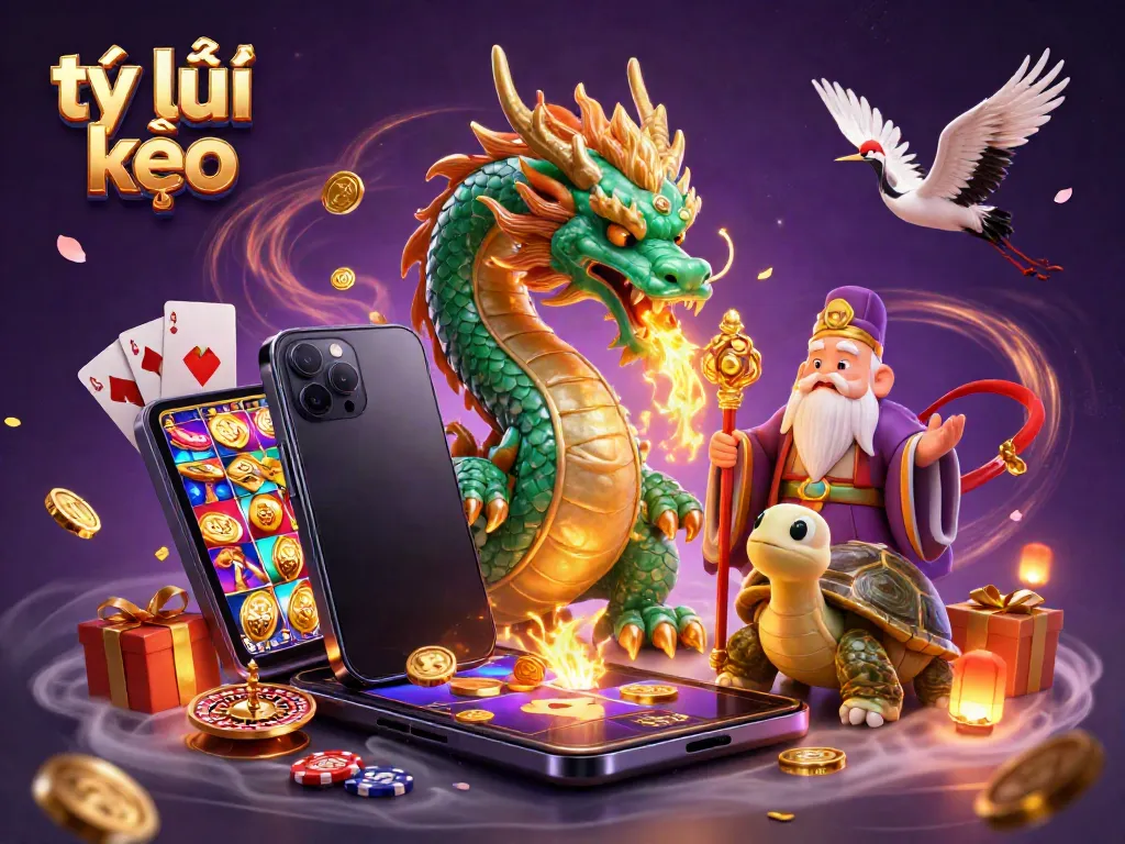 Experience thrilling tỷ lệ kèo with magical casino elements featuring a dragon, turtle sage, lucky cranes, and slot games.