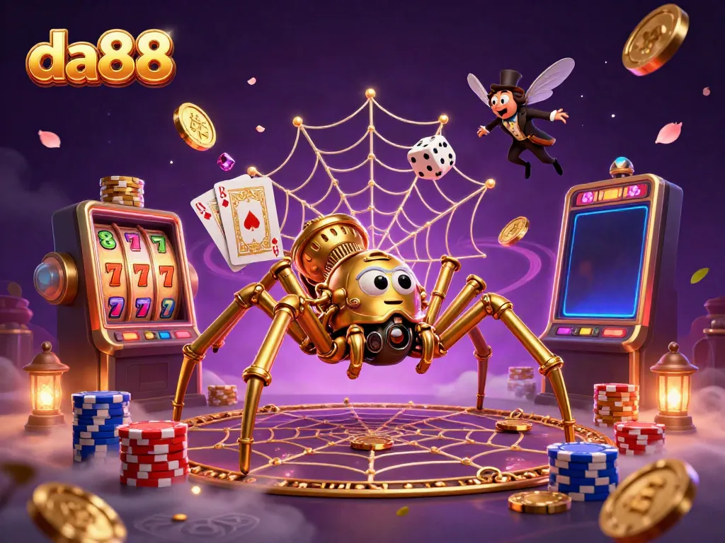 Catching lucky dice in a golden web of casino elements showcasing da88 gaming excitement.