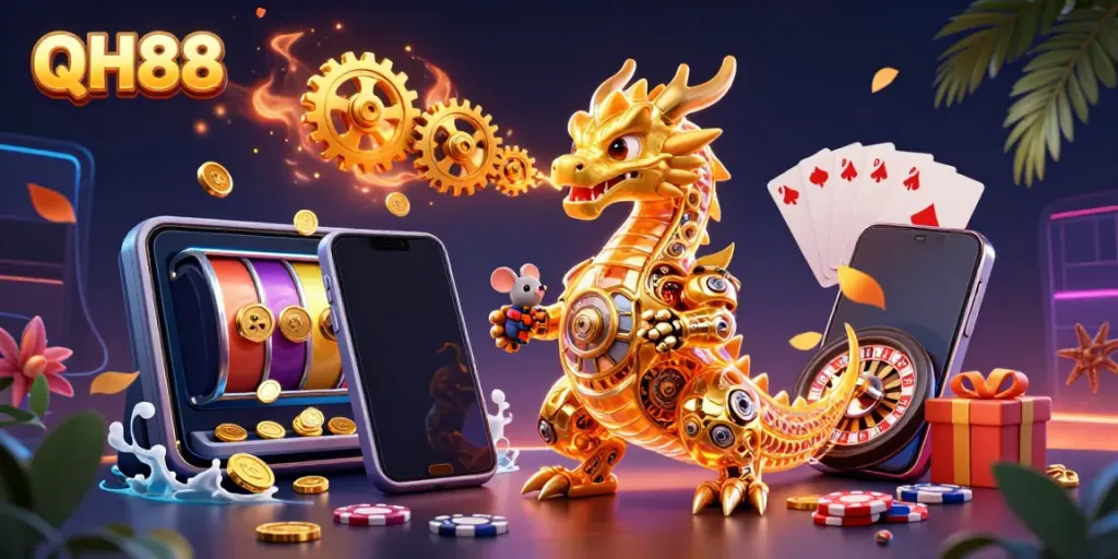 Experience thrilling games at QH88 with a golden dragon, slot games, and vibrant casino elements.