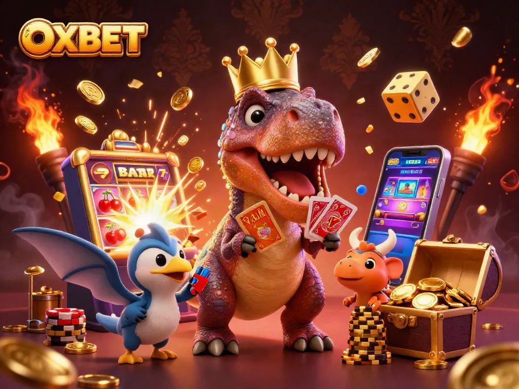 Experience the excitement at OXBET with a vibrant 3D illustration of casino games, jackpots, and fun!