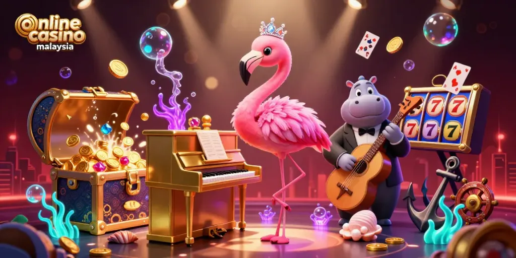 Experience the vibrant scene of an online casino malaysia with lively characters, slot reels, and playful gems.