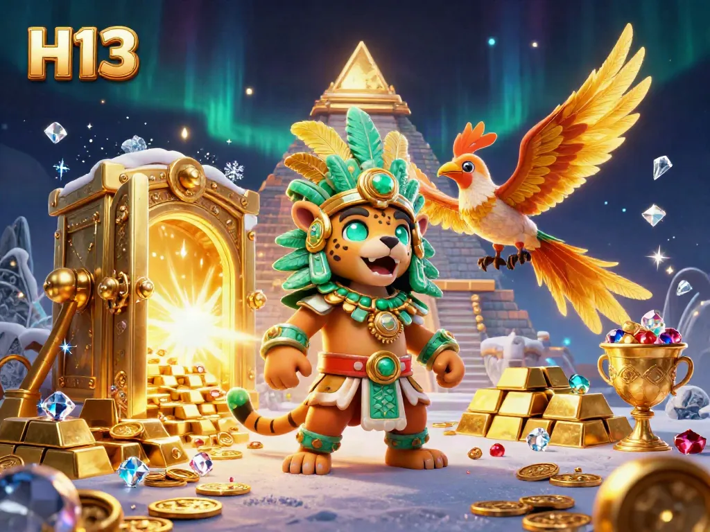 Experience the thrill of H13's online casino games with a vibrant 3D illustration of a Mayan priest and treasures.