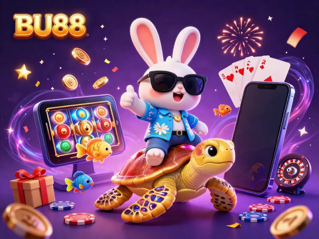 Experience the vibrant world of BU88 with a cartoon lucky rabbit and a golden sea turtle amidst colorful slots and confetti.