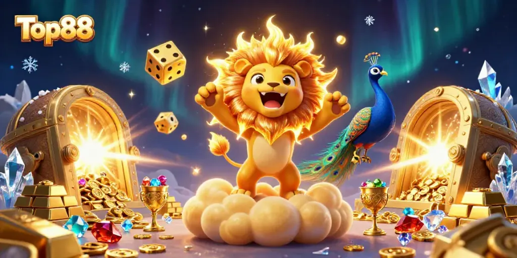 Engage with Top88's vibrant casino scene as a sun lion roars amidst treasure and golden dice.