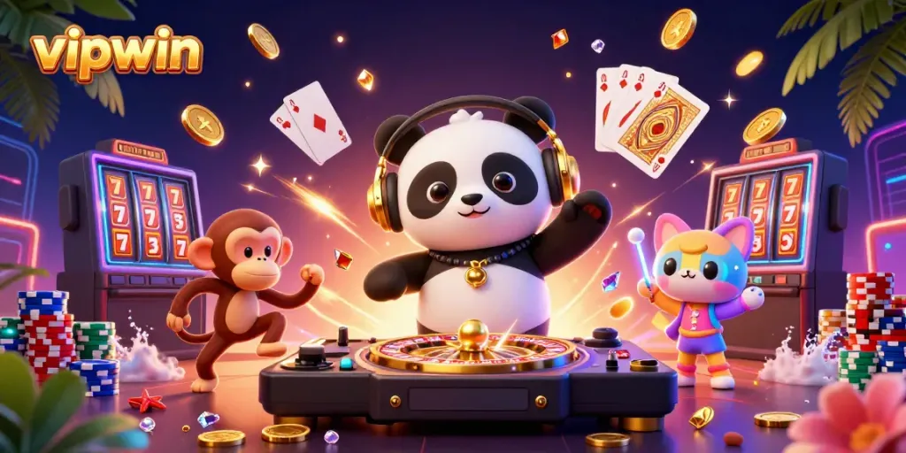 Engage in thrilling action at vipwin with a vibrant scene featuring a DJ panda and energetic characters in a casino-themed party.