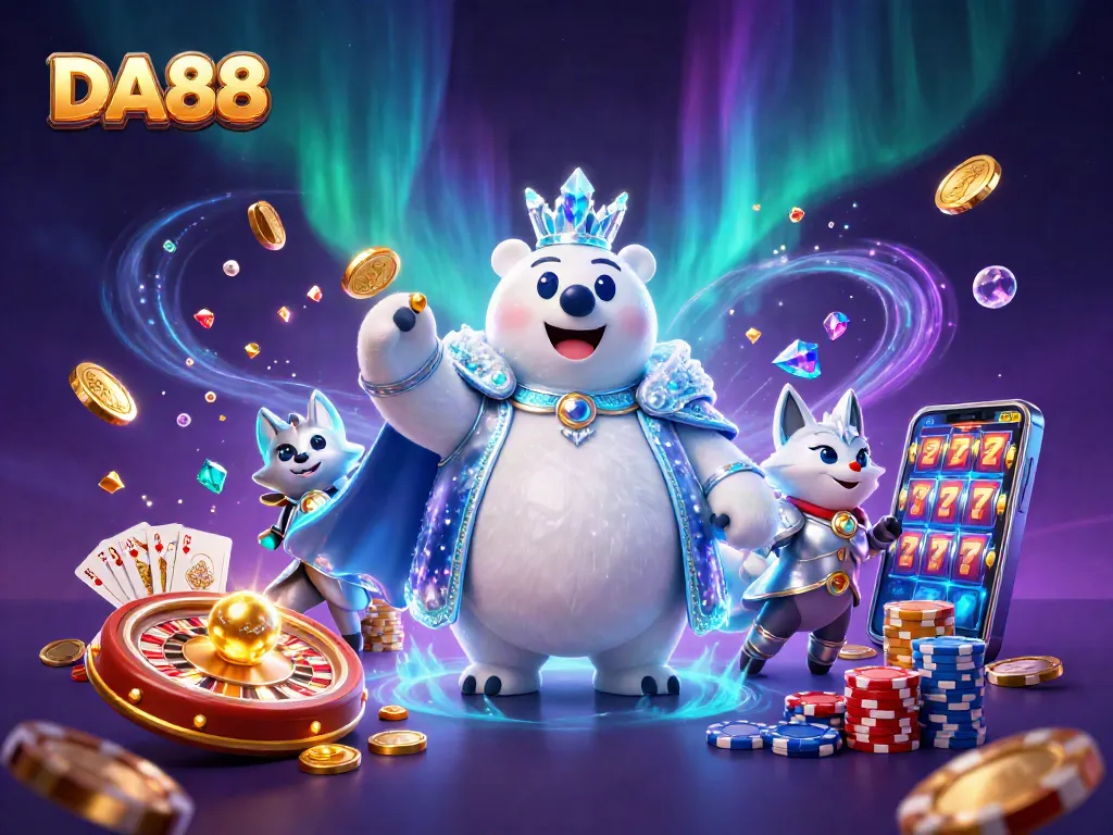 Experience thrilling wins with DA88 in this vibrant casino-themed 3D illustration showcasing dynamic game elements.