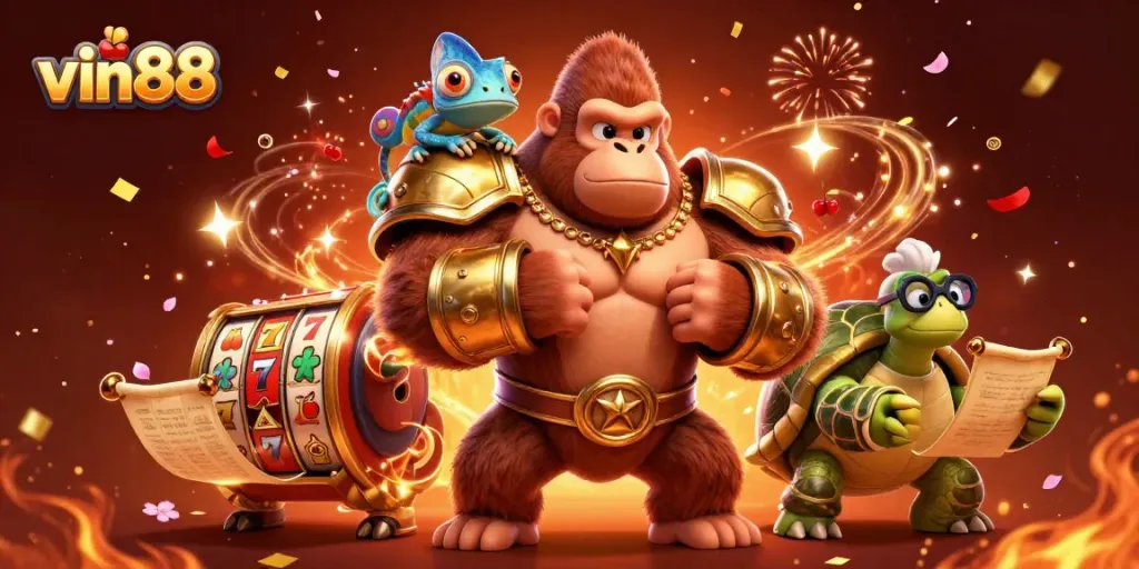 Experience winning with vin88's powerful characters in an action-packed casino illustration.
