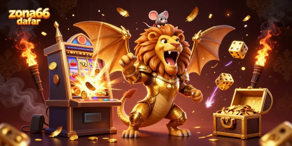 Experience thrilling gameplay with zona66 daftar featuring a dynamic chimera and massive slot machine bursting with gold.