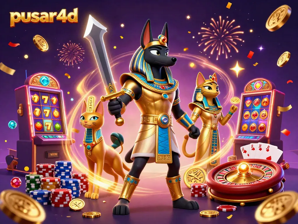 Experience the excitement of pusar4d with vibrant characters and dynamic gambling elements in this 3D illustration.
