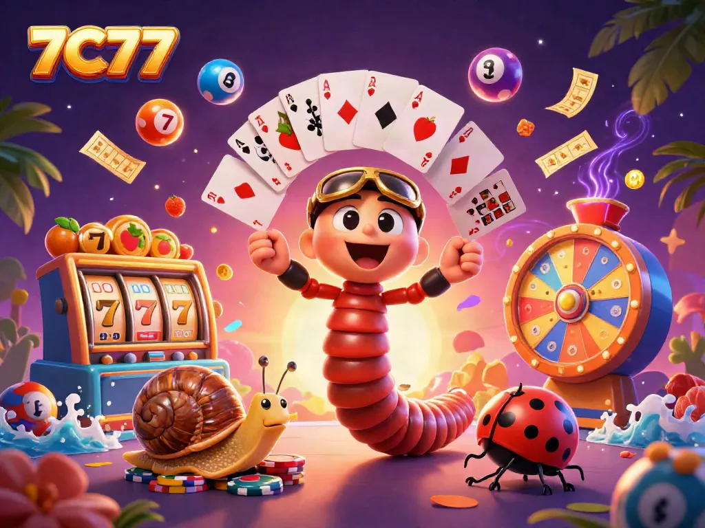 Experience the vibrant 7C77 casino scene with lively characters and dynamic gaming elements.