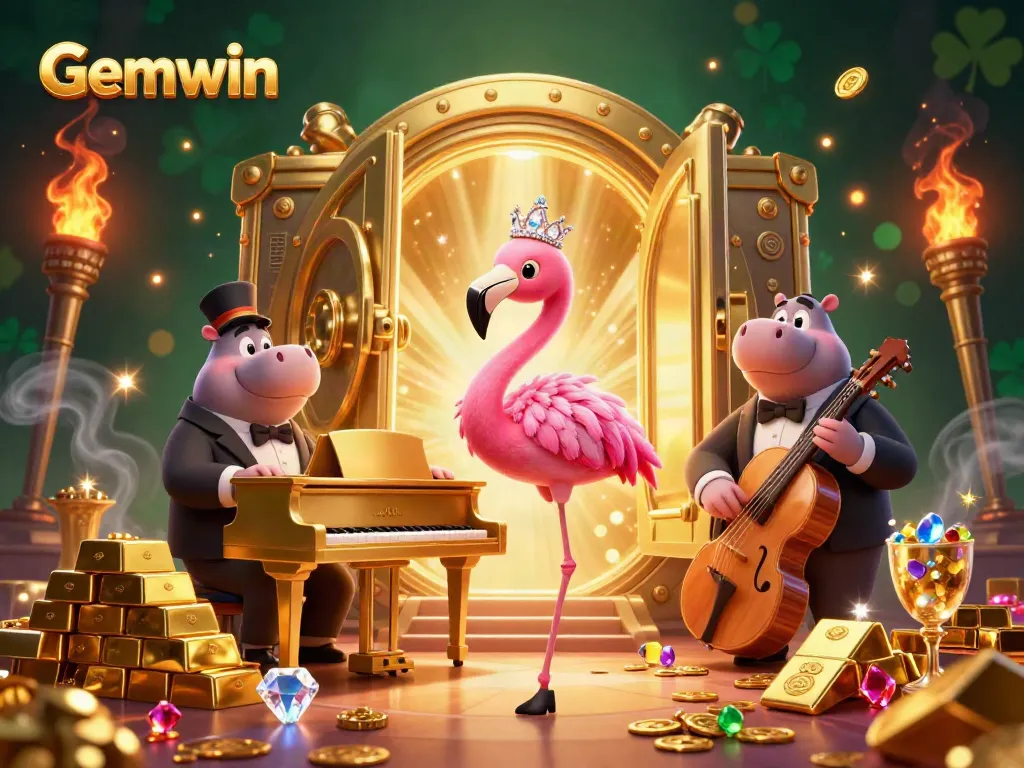 Experience thrills at Gemwin casino with vibrant characters and dazzling treasures amidst a lively atmosphere.