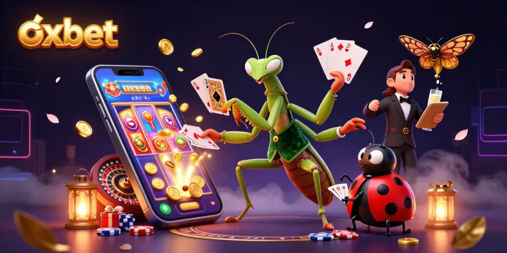 Engage with oxbet's dynamic casino experience featuring a giant praying mantis card sharp and a ladybug pit boss.
