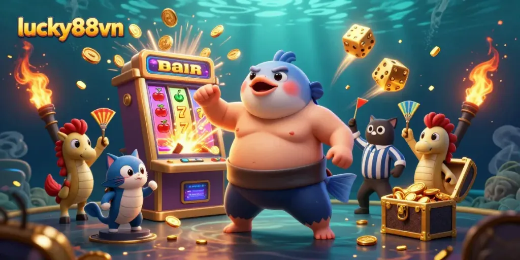 Engage with lucky88vn's underwater casino experience featuring a charming blowfish and exciting game elements.