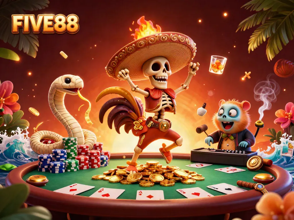 Engage in thrilling action at FIVE88 with vibrant casino characters and gaming elements.